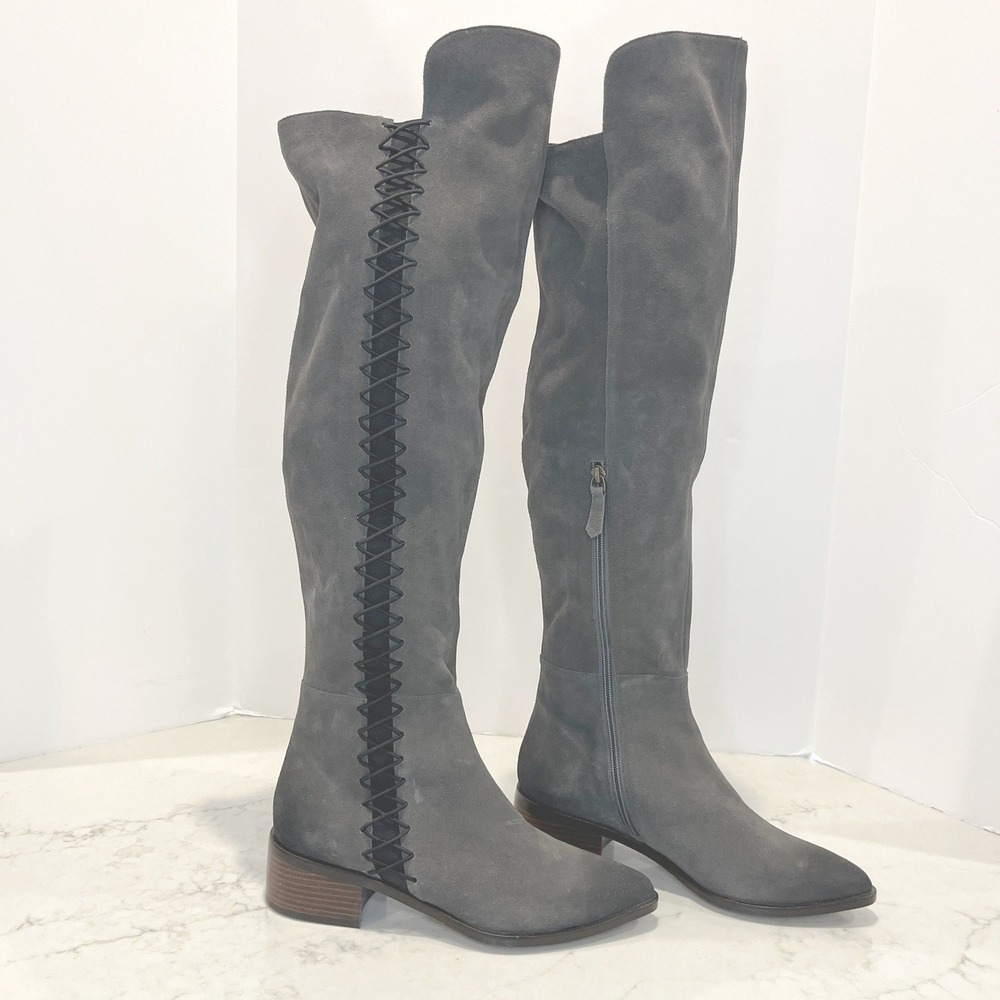 L‎ Paolo Over the Knee Boots Women 9 Grey Suede Side Lace Detail Block Heel